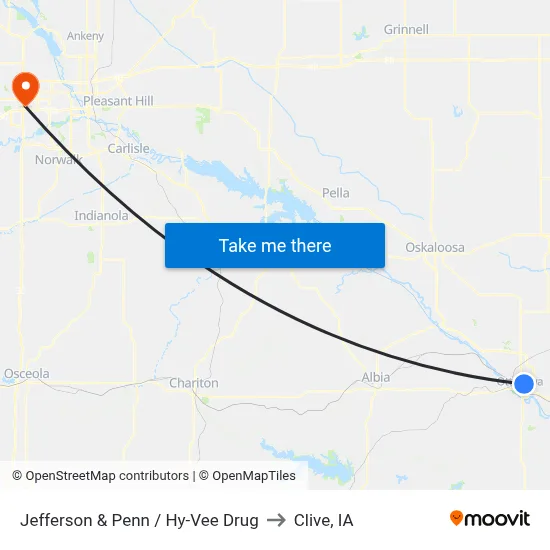 Jefferson & Penn / Hy-Vee Drug to Clive, IA map