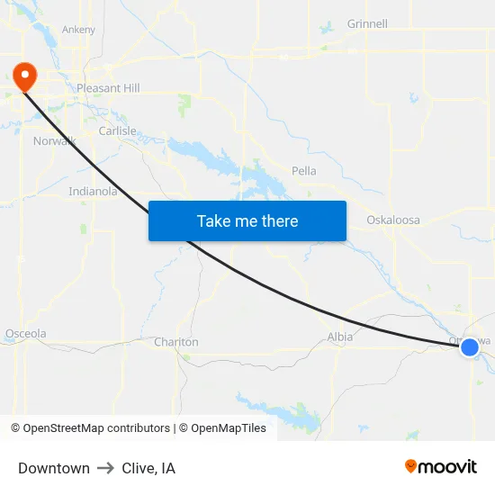 Downtown to Clive, IA map