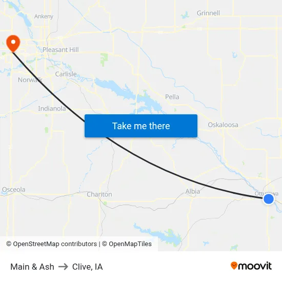 Main & Ash to Clive, IA map