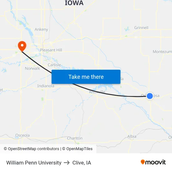 William Penn University to Clive, IA map
