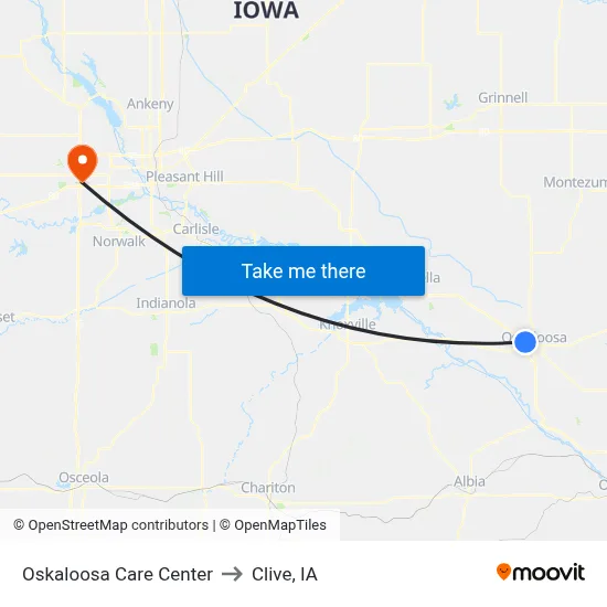 Oskaloosa Care Center to Clive, IA map