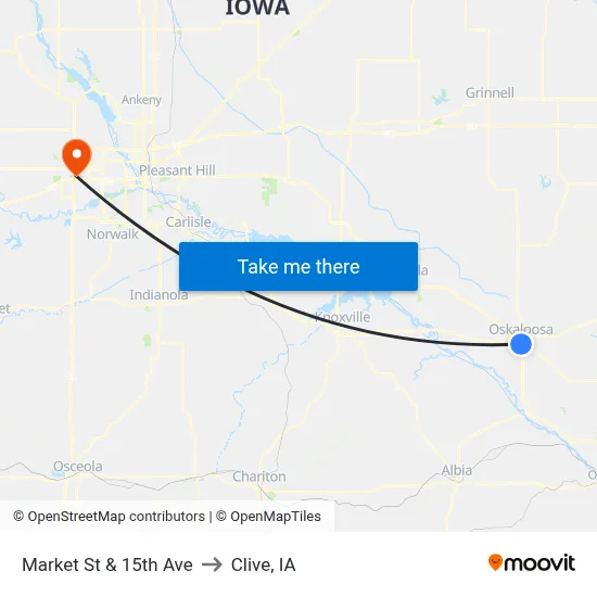 Market St & 15th Ave to Clive, IA map