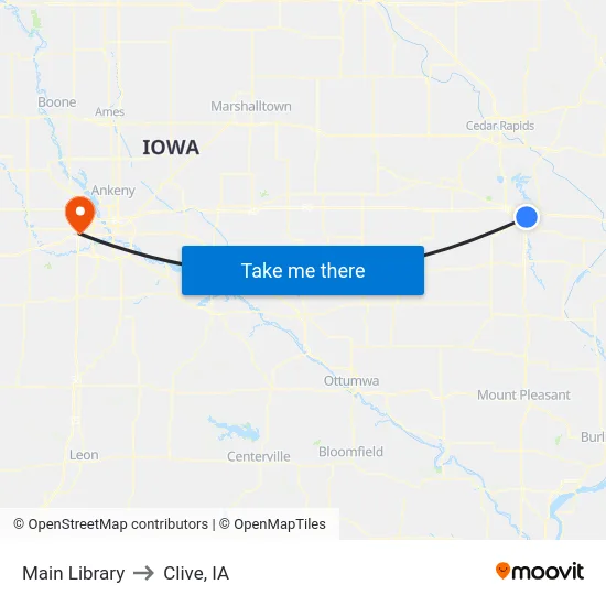 Main Library to Clive, IA map