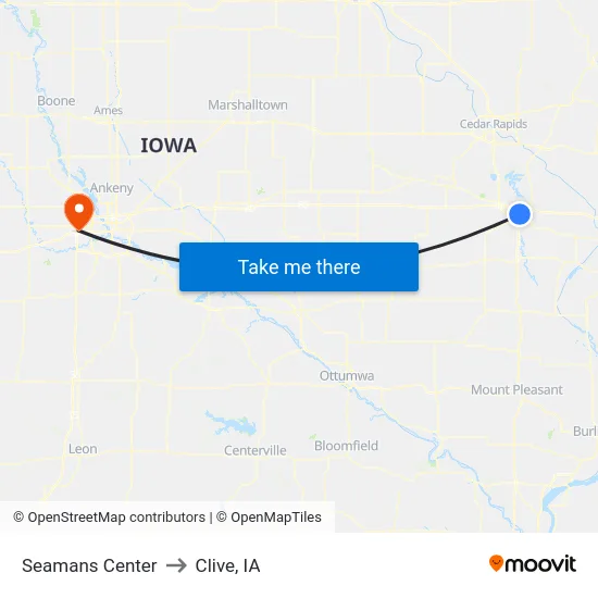 Seamans Center to Clive, IA map