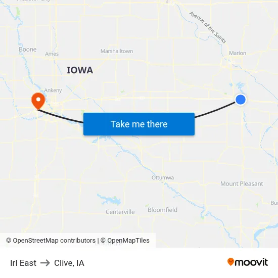 Irl East to Clive, IA map