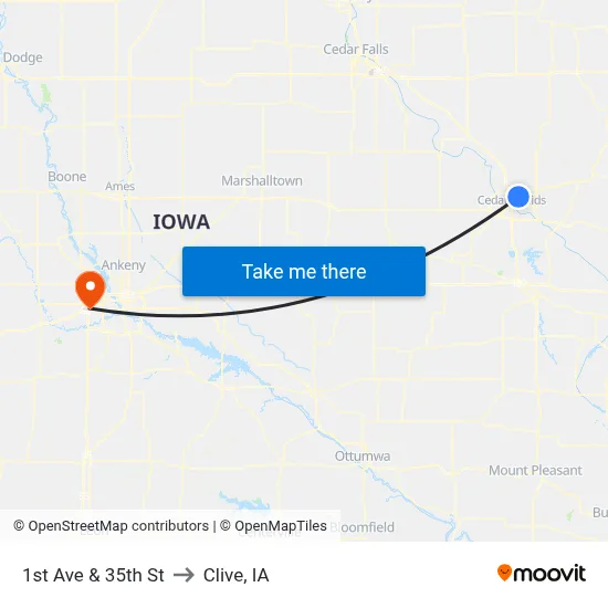 1st Ave & 35th St to Clive, IA map