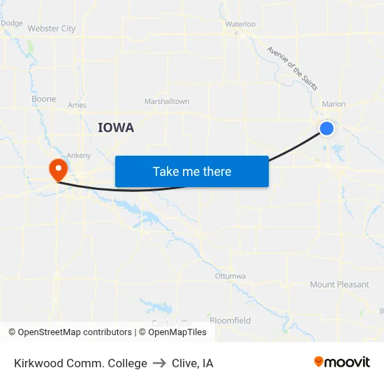 Kirkwood Comm. College to Clive, IA map