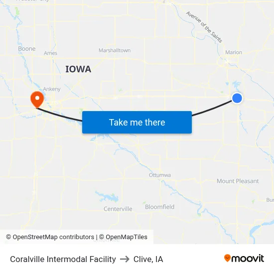 Coralville Intermodal Facility to Clive, IA map