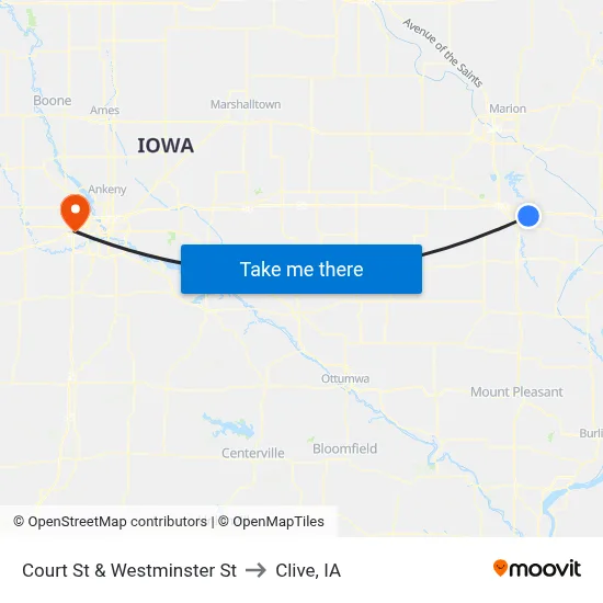 Court St & Westminster St to Clive, IA map
