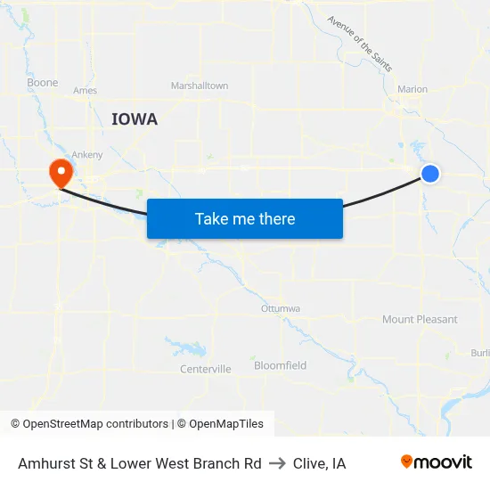 Amhurst St & Lower West Branch Rd to Clive, IA map