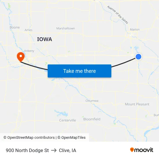 900 North Dodge St to Clive, IA map