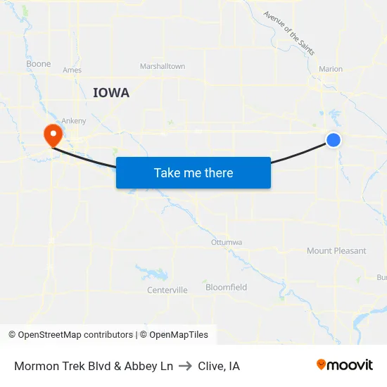 Mormon Trek Blvd & Abbey Ln to Clive, IA map