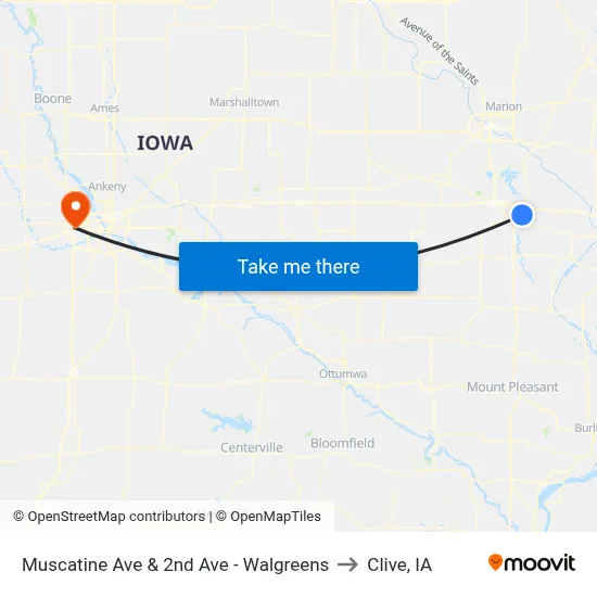 Muscatine Ave & 2nd Ave - Walgreens to Clive, IA map