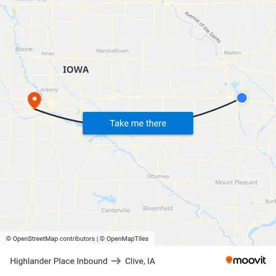 Highlander Place Inbound to Clive, IA map