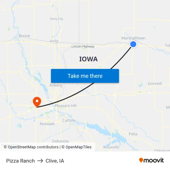 Pizza Ranch to Clive, IA map