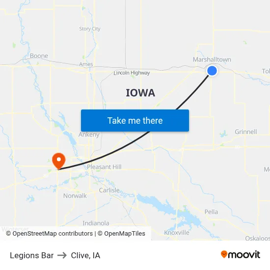 Legions Bar to Clive, IA map