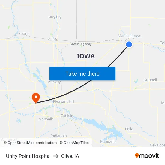 Unity Point Hospital to Clive, IA map