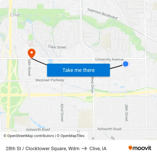 28th St / Clocktower Square, Wdm to Clive, IA map