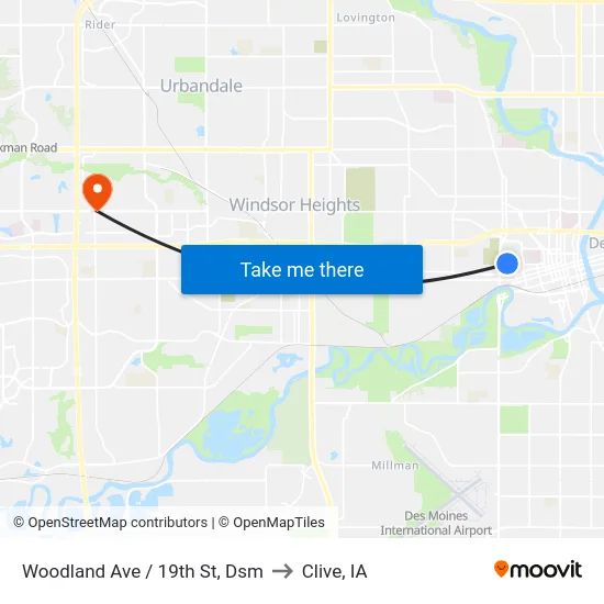 Woodland Ave / 19th St, Dsm to Clive, IA map