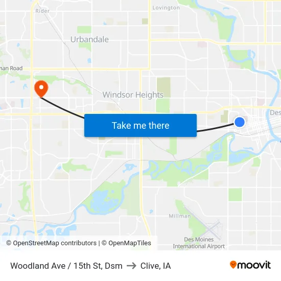 Woodland Ave / 15th St, Dsm to Clive, IA map