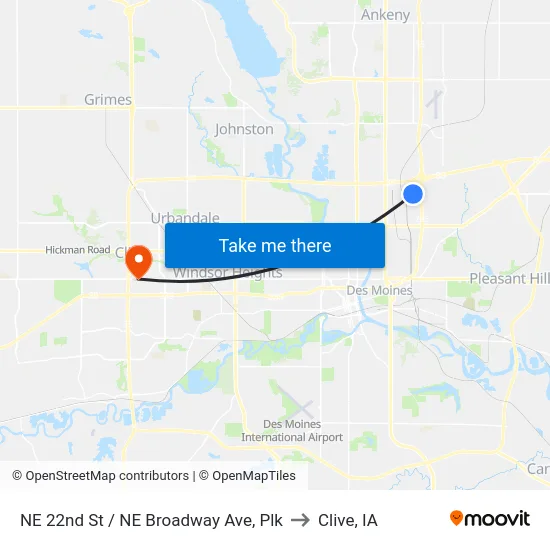NE 22nd St / NE Broadway Ave, Plk to Clive, IA map