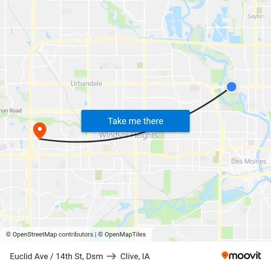 Euclid Ave / 14th St, Dsm to Clive, IA map