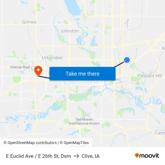 E Euclid Ave / E 26th St, Dsm to Clive, IA map
