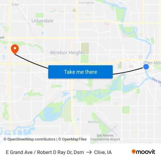 E Grand Ave / Robert D Ray Dr, Dsm to Clive, IA map
