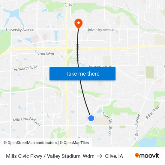 Mills Civic Pkwy / Valley Stadium, Wdm to Clive, IA map