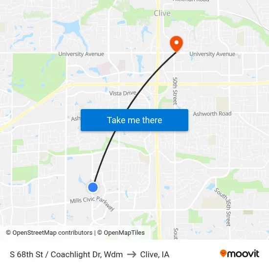 S 68th St / Coachlight Dr, Wdm to Clive, IA map