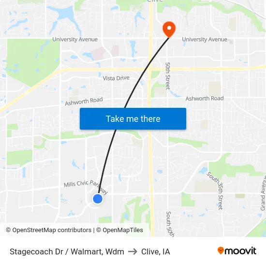 Stagecoach Dr / Walmart, Wdm to Clive, IA map