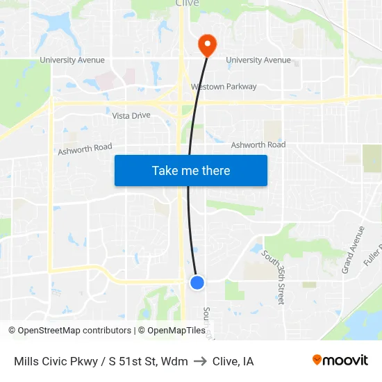 Mills Civic Pkwy / S 51st St, Wdm to Clive, IA map