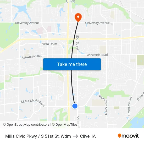 Mills Civic Pkwy / S 51st St, Wdm to Clive, IA map