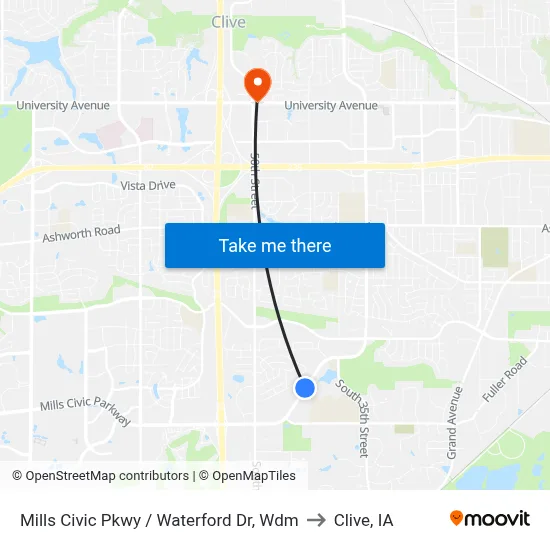 Mills Civic Pkwy / Waterford Dr, Wdm to Clive, IA map