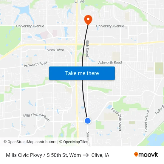 Mills Civic Pkwy / S 50th St, Wdm to Clive, IA map