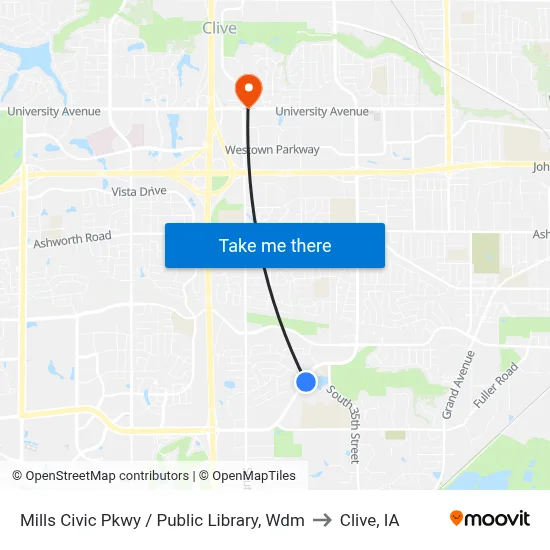 Mills Civic Pkwy / Public Library, Wdm to Clive, IA map