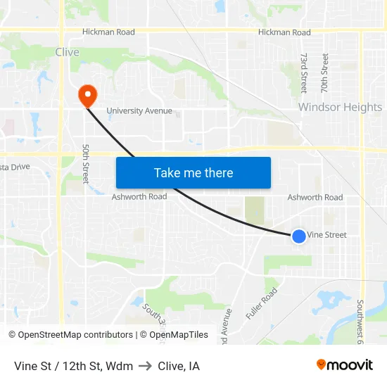 Vine St / 12th St, Wdm to Clive, IA map