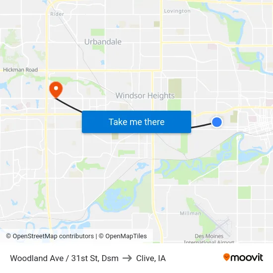Woodland Ave / 31st St, Dsm to Clive, IA map