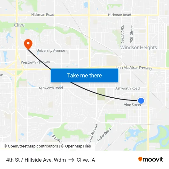 4th St / Hillside Ave, Wdm to Clive, IA map