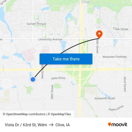 Vista Dr / 63rd St, Wdm to Clive, IA map