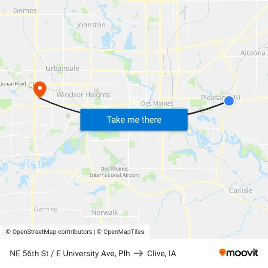 NE 56th St / E University Ave, Plh to Clive, IA map