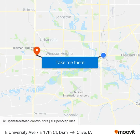 E University Ave / E 17th Ct, Dsm to Clive, IA map