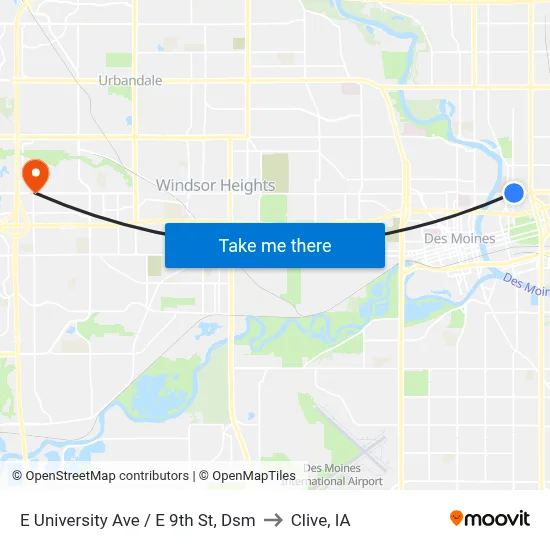 E University Ave / E 9th St, Dsm to Clive, IA map