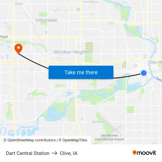 Dart Central Station to Clive, IA map