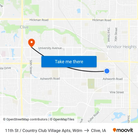11th St / Country Club Village Apts, Wdm to Clive, IA map