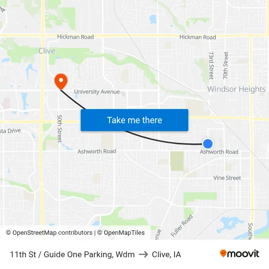 11th St / Guide One Parking, Wdm to Clive, IA map