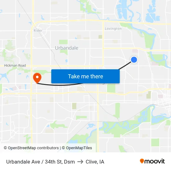 Urbandale Ave / 34th St, Dsm to Clive, IA map
