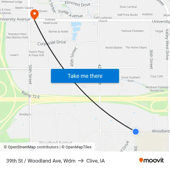 39th St / Woodland Ave, Wdm to Clive, IA map