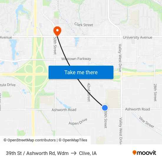 39th St / Ashworth Rd, Wdm to Clive, IA map