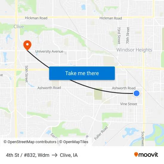 4th St / #832, Wdm to Clive, IA map